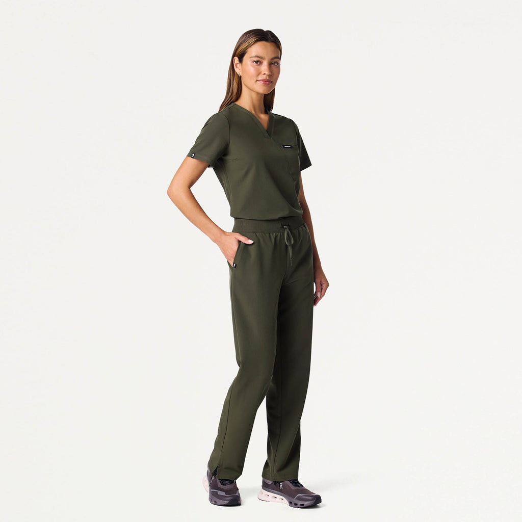 JAANUU Rhena Slim Essential 1 pocket Scrub Top Deep Olive - Get Scrubbed