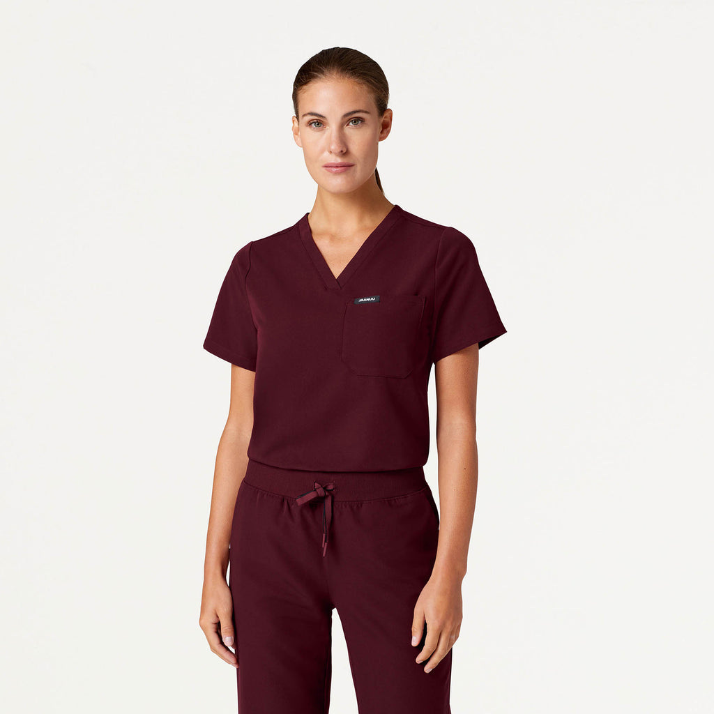 JAANUU Rhena Essential 1 pocket Scrub Top Burgundy