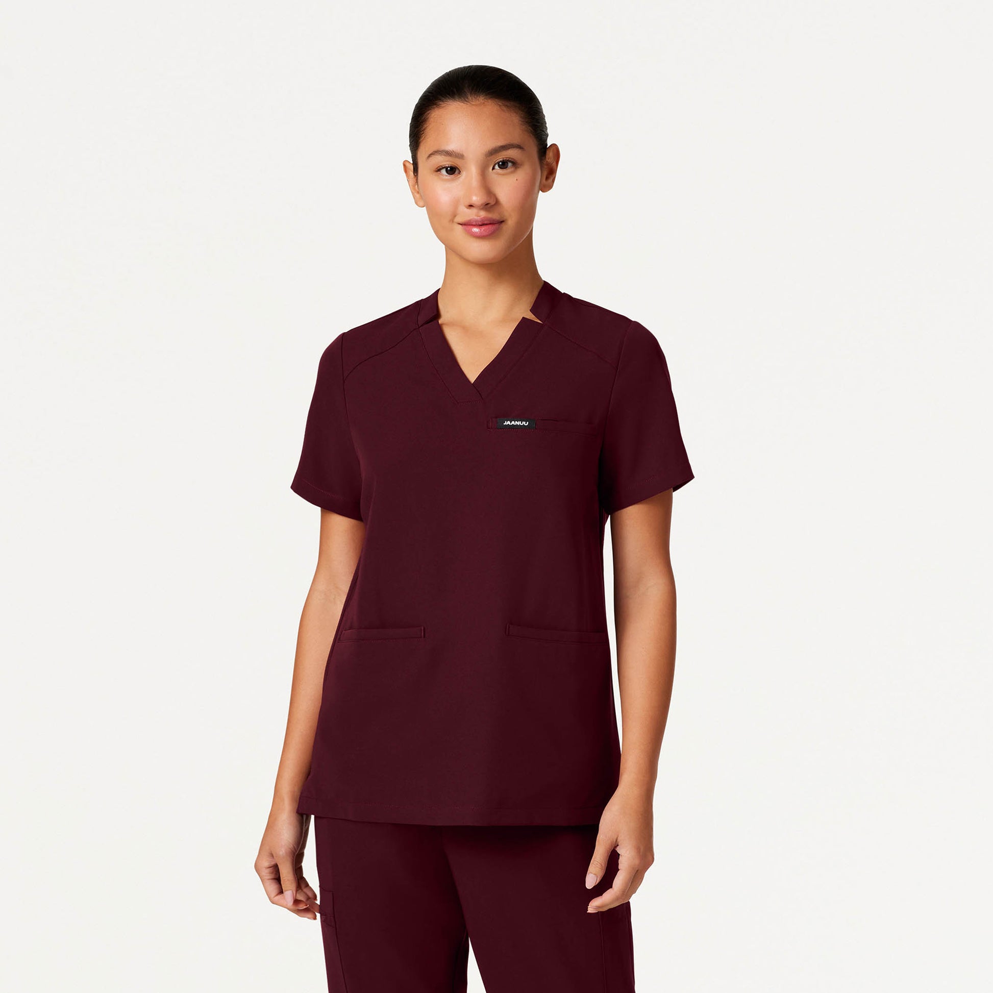 JAANUU Notched V - Neck Scrub Top Burgundy - Get Scrubbed
