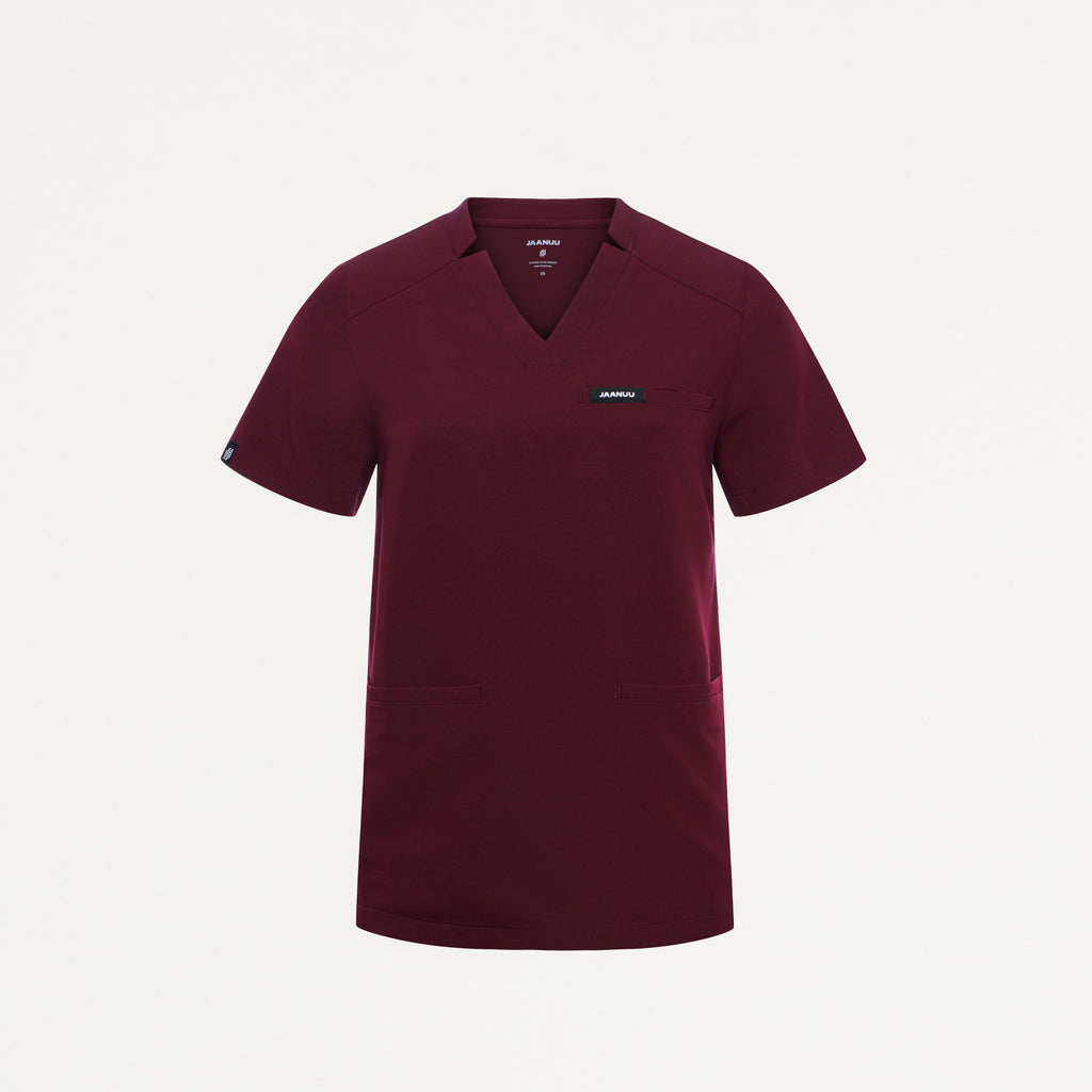 JAANUU Notched V - Neck Scrub Top Burgundy - Get Scrubbed