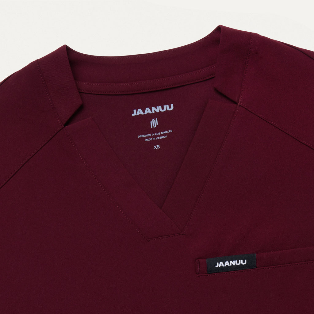 JAANUU Notched V - Neck Scrub Top Burgundy - Get Scrubbed