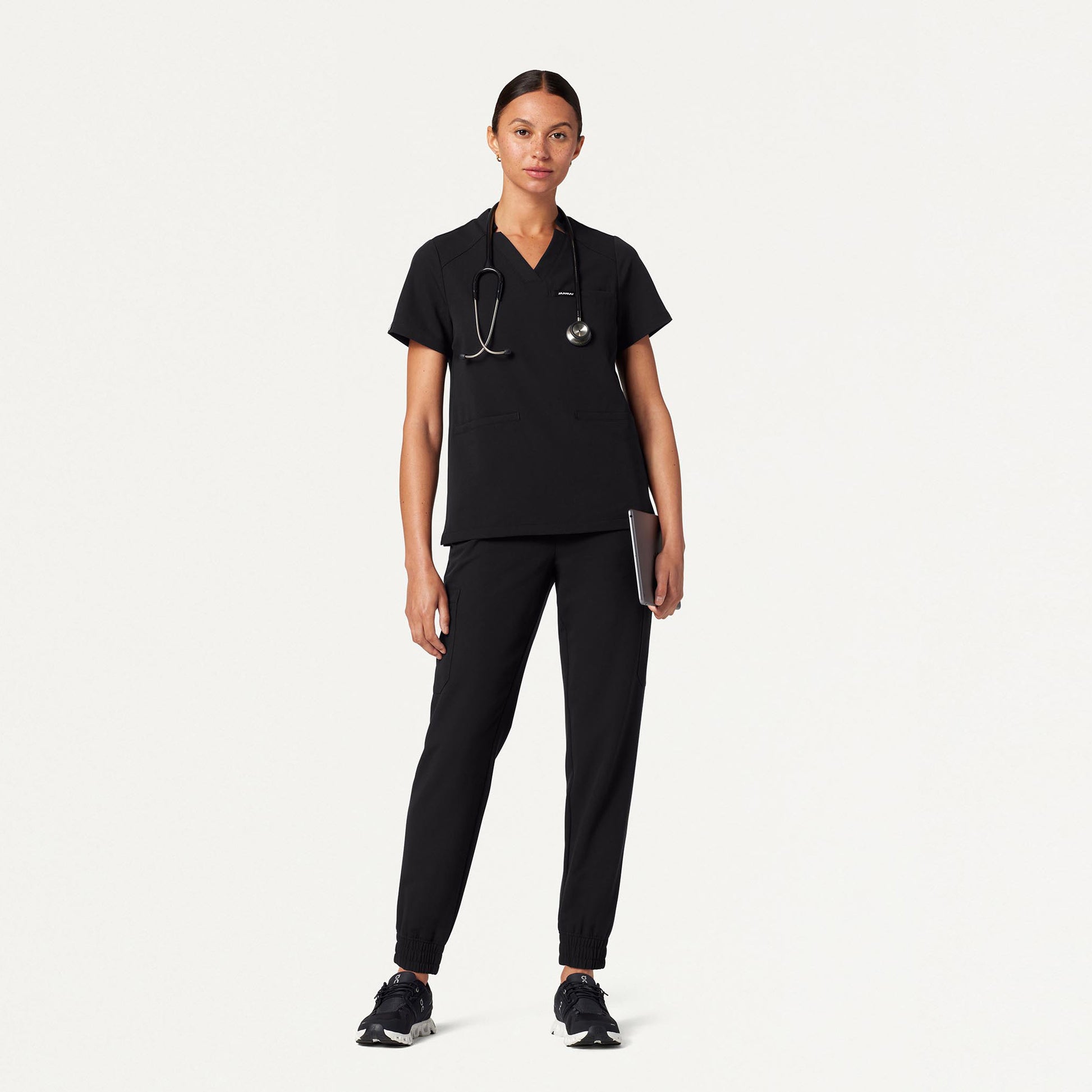 JAANUU Notched V - Neck Scrub Top Black - Get Scrubbed