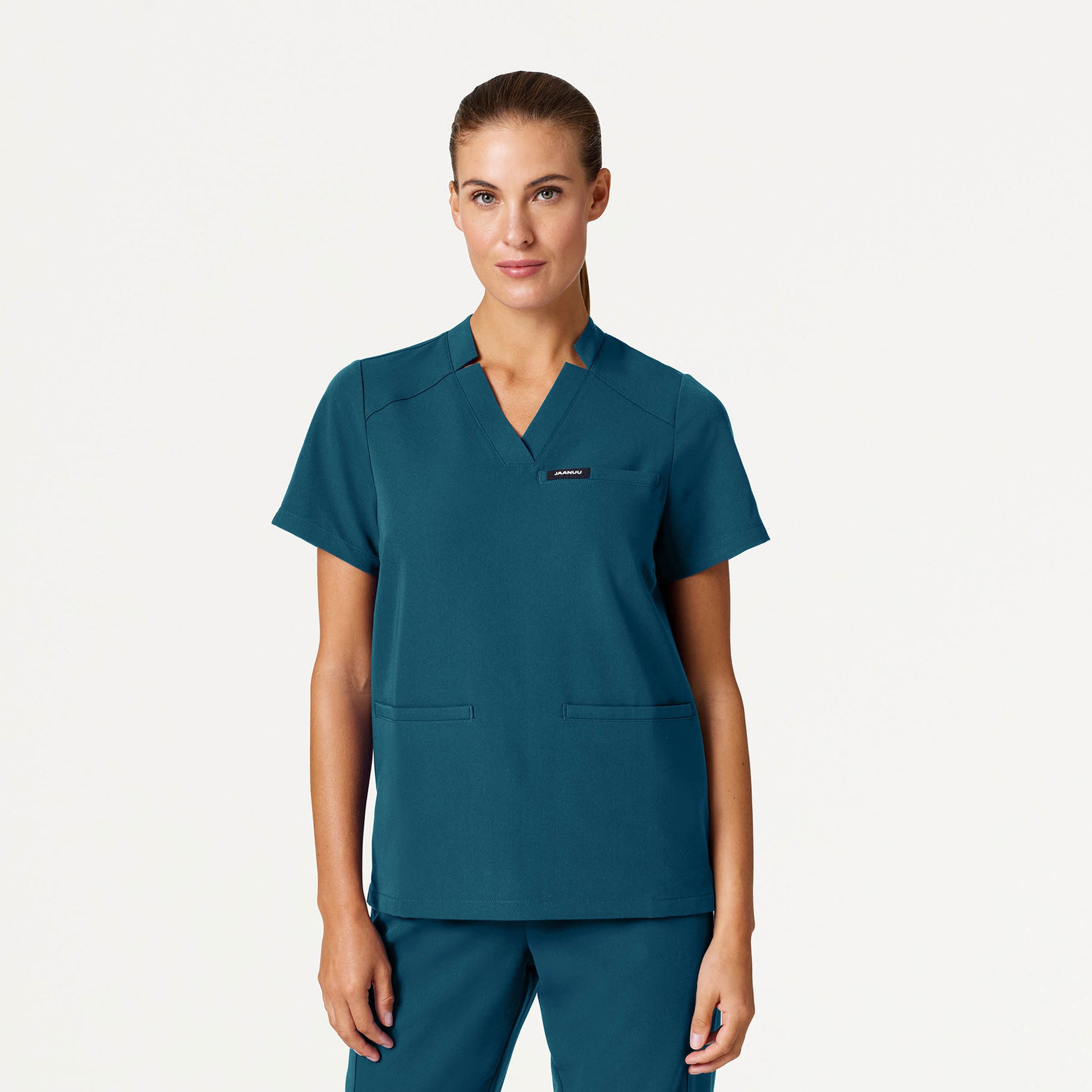 JAANUU Notched V - Neck Scrub Top Caribbean Blue - Get Scrubbed