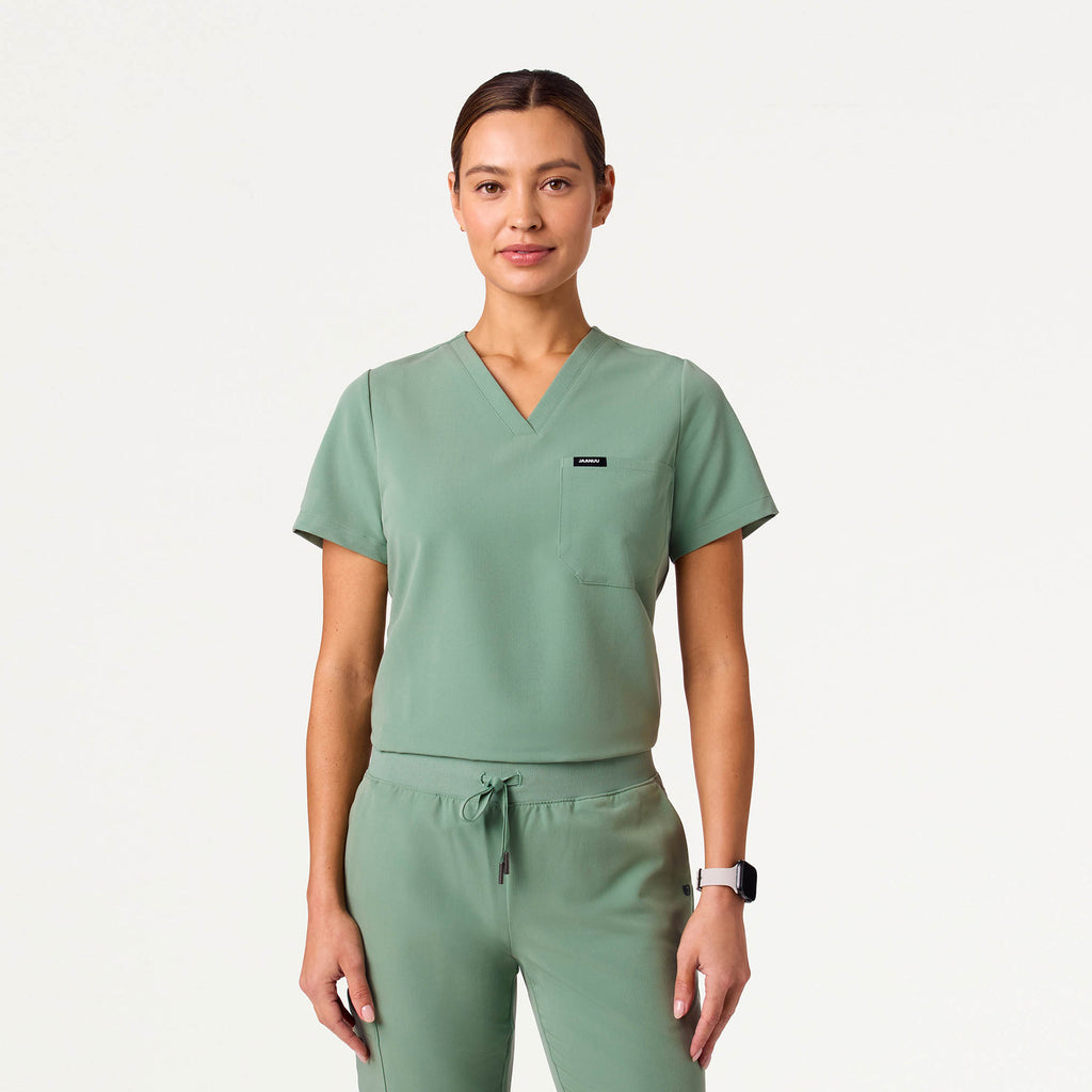 JAANUU Rhena Slim Essential 1 pocket Scrub Top Sage - Get Scrubbed