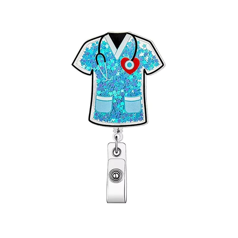 Glitter Acrylic Nurse Reel Badge - Scrub Top Blue