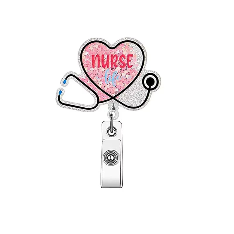 Glitter Acrylic Nurse Reel Badge - Stethoscope Nurse Life