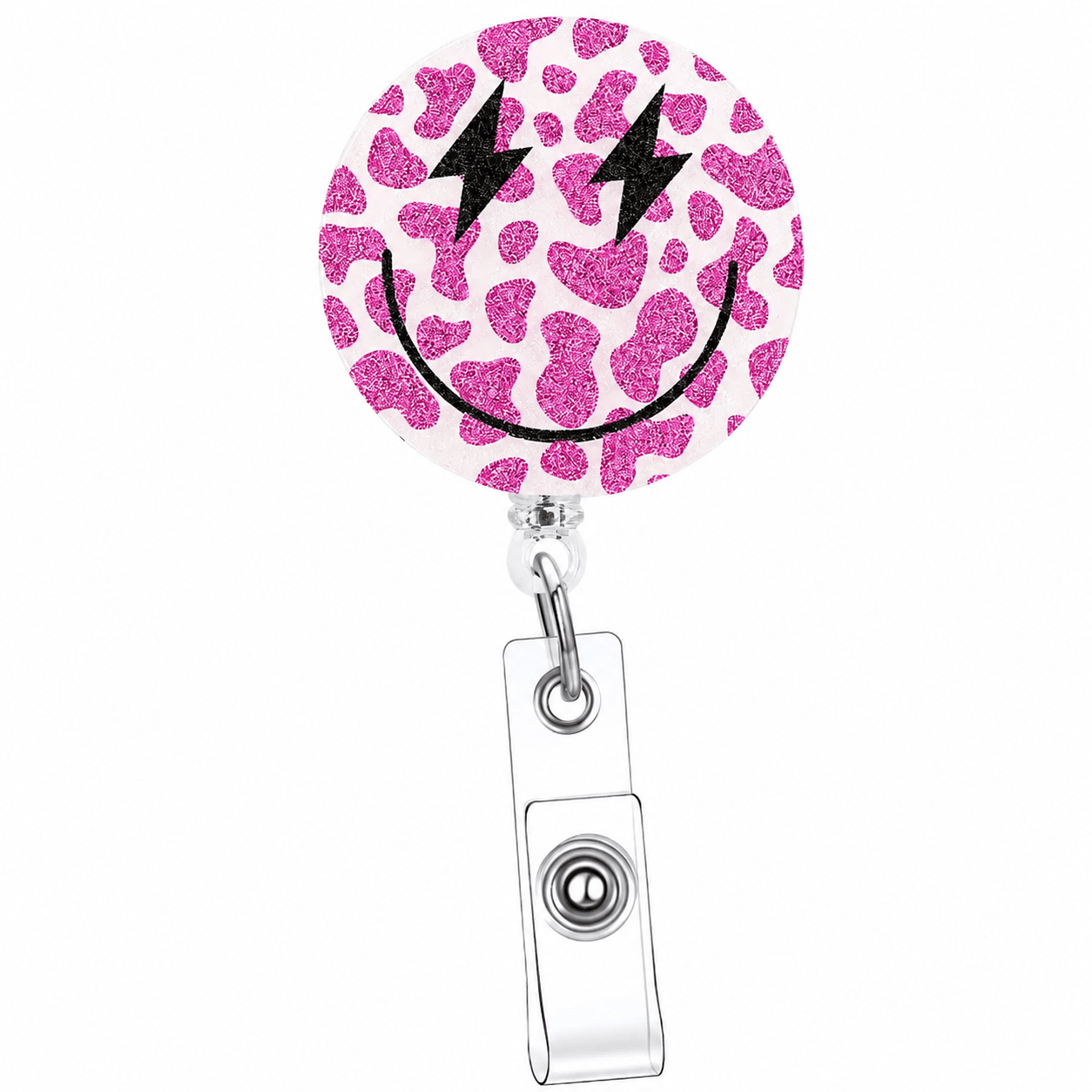 Pink Lightening Smiley Badge Reel - Get Scrubbed
