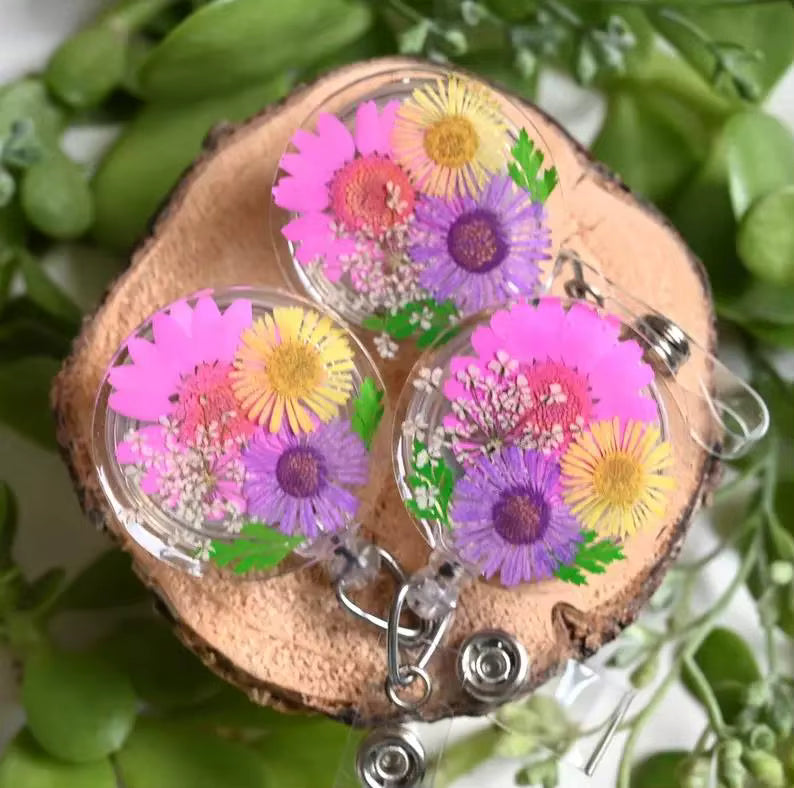 Pressed Flower Badge Reel - Pink, Yellow and Purple