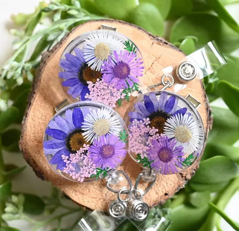 Pressed Flower Badge Reel - Purple, White and Pink