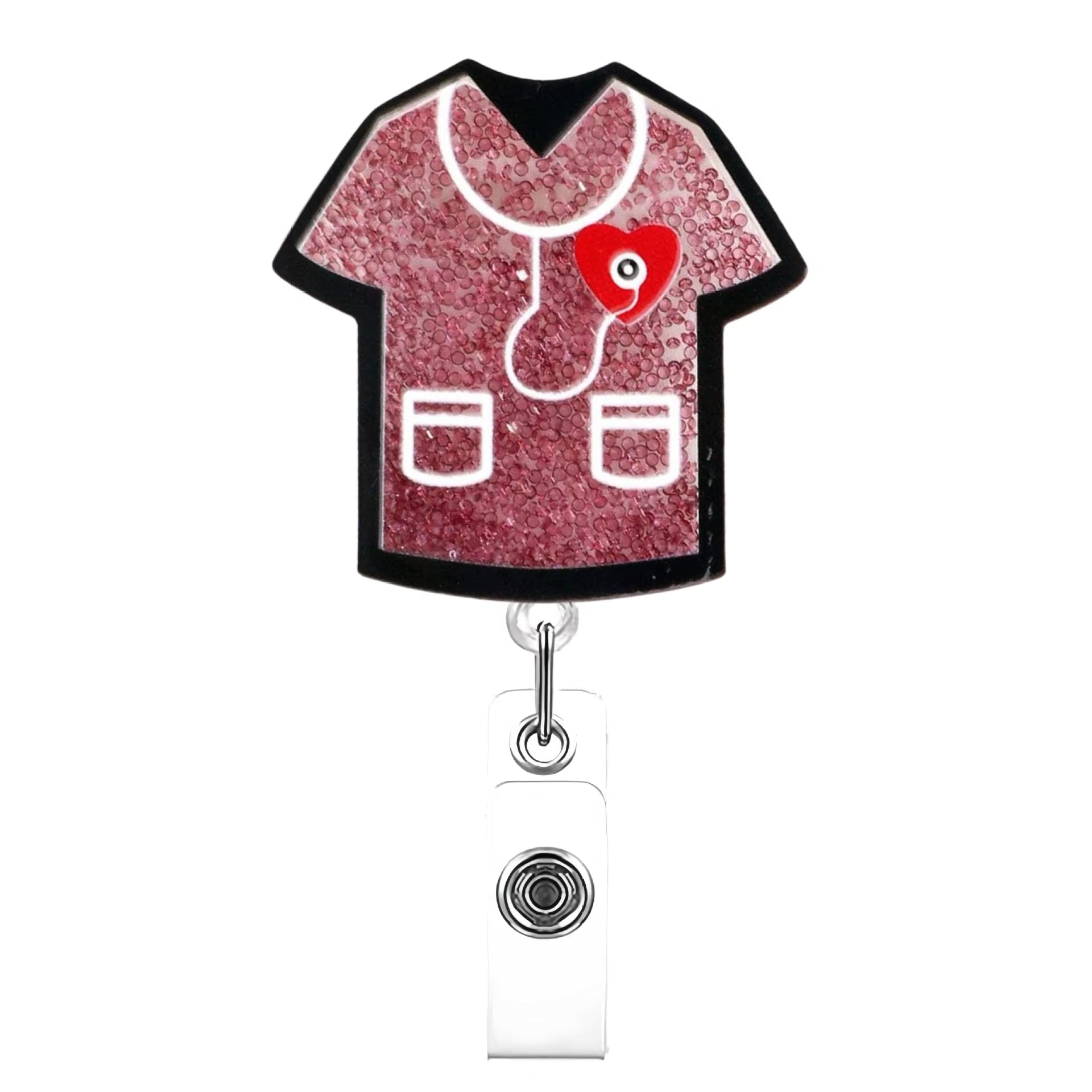 Glitter Acrylic Nurse Reel Badge - Scrub Top Red